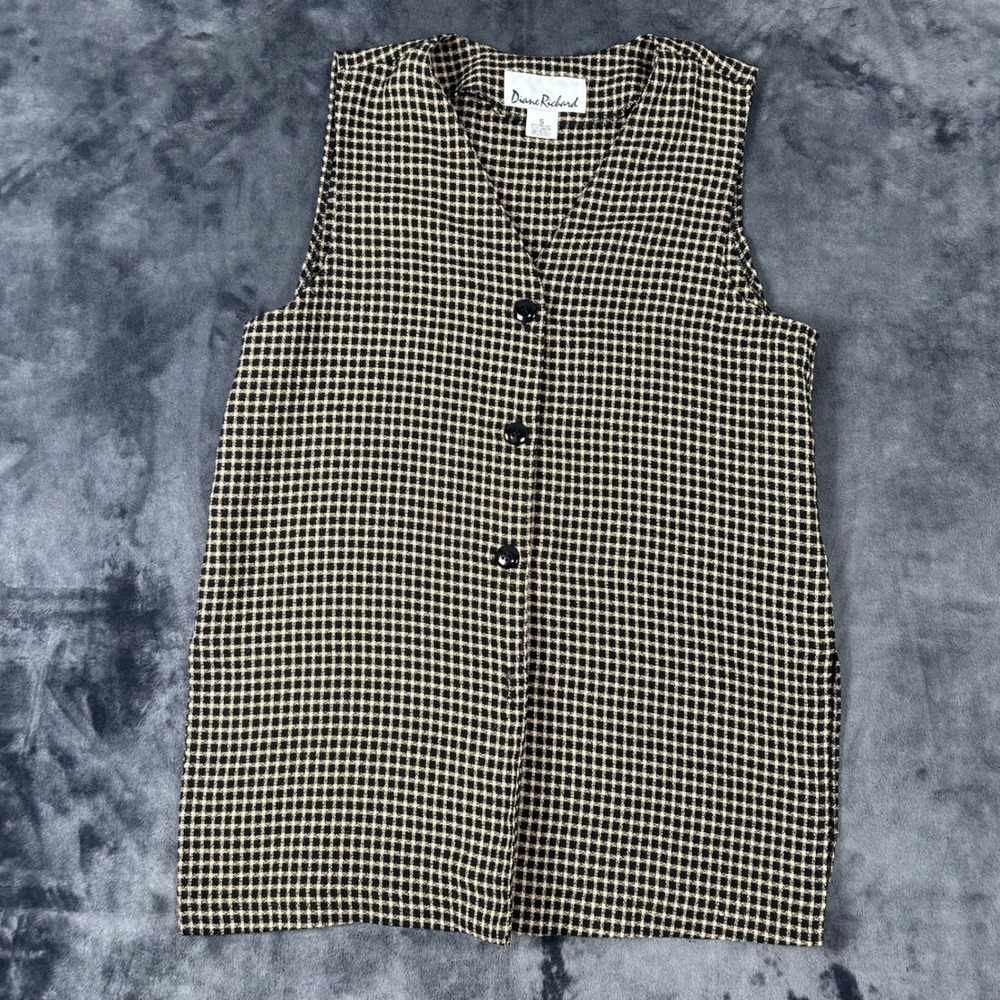 Diane Richard Vest Womens Small Black Tan Checkered Button Front Longline USA
